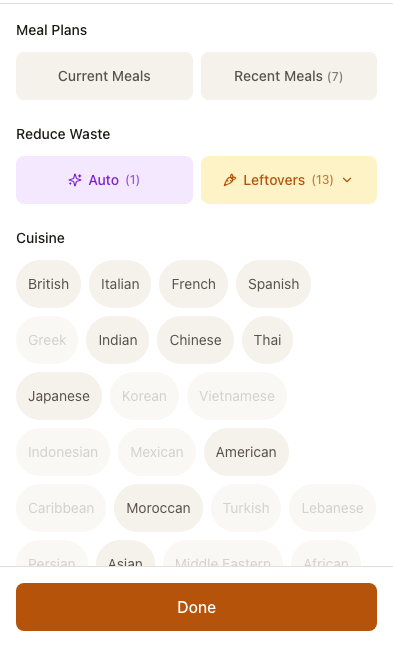Filter panel showing cuisine, waste reduction, and dietary preference options
