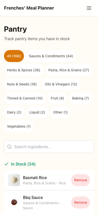Pantry view showing in-stock and to-buy items categorised by type